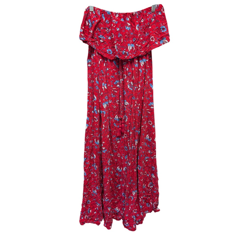 Joyjoy Maxi Dress Womens XS Red Excellent Floral Off Shoulder Ruffle Tassel Boho